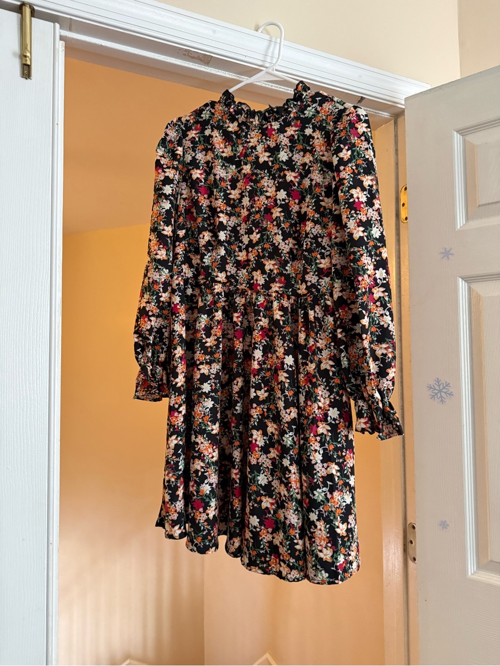 Floral Ruffle Neck Long Sleeve Mini Dress - Black/Multi